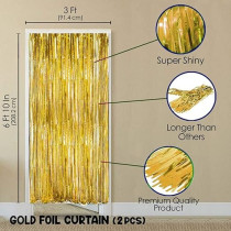 Brain Giggles Metallic Foil Curtain Birthday Party Decoration Fringe Curtain Tinsel Backdrop For Birthday, Anniversary Eid Ramadan Decoartions, Gold, Pack Of 2