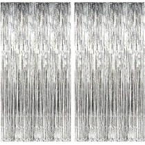 Brain Giggles Metallic Foil Curtain For Birthday Party Decoration Fringe Tinsel Backdrop, Silver, Pack Of 2