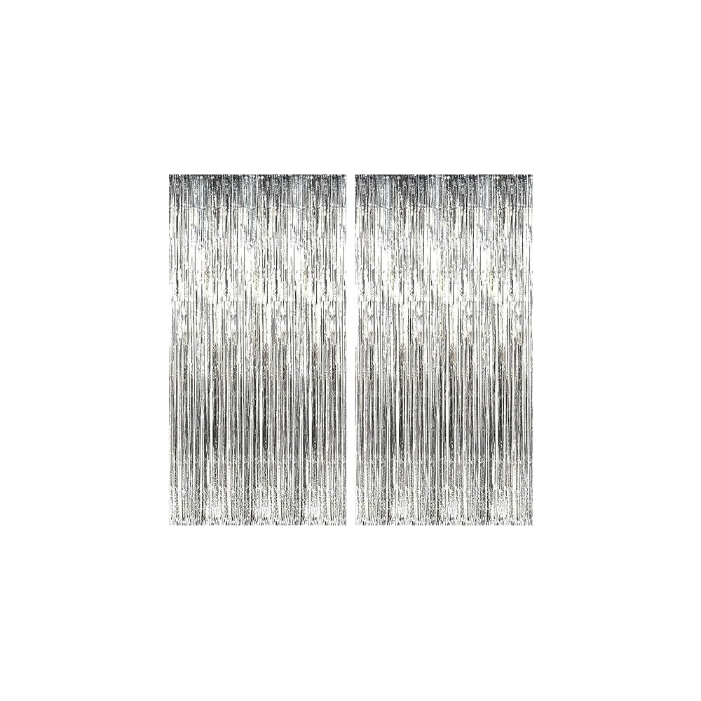 Brain Giggles Metallic Foil Curtain For Birthday Party Decoration Fringe Tinsel Backdrop, Silver, Pack Of 2