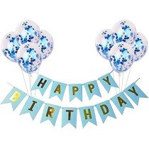 Brain Giggles Happy Birthday Banners With Blue Confetti Balloons, Blue, Set Of 9