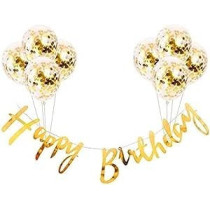 Brain Giggles Happy Birthday Banners With Gold Confetti Balloons, Gold, Set Of 9