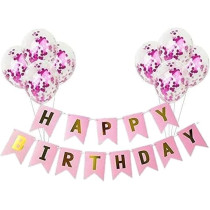 Brain Giggles Happy Birthday Banners With Pink Confetti Balloons, Pink, Set Of 9