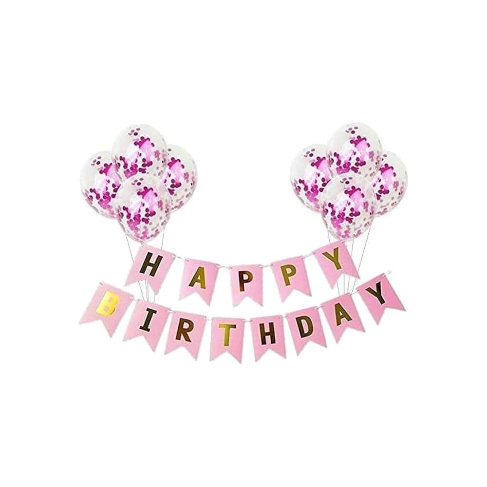 Brain Giggles Happy Birthday Banners With Pink Confetti Balloons, Pink, Set Of 9