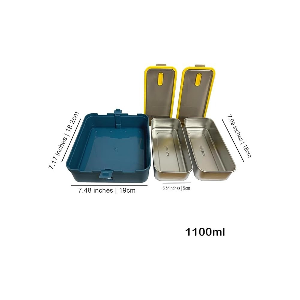 Brain Giggles 2 Compartments Stainless Steel Lunch Box With Removable Inner Tray, Bpa Free, Leak Proof Bento Lunch Box For Kids Adults, Airtight Food Container With Handle, Blue