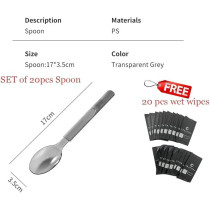 Transparent Grey Disposable Plastic Spoon, Heavy Duty Thick And Sturdy Plastic Cutlery-Includes Free Wet Wipes Ideal For Parties Picnics Daily Use, 20, Grey Spoons
