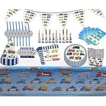 Brain Giggles Vehicle Themed Disposable Tableware Set, 136 Piece Birthday Tableware Pack With Plates, Cups, Napkins, Cutlery, Tablecloth, Ideal For Birthday Party Decoration For Kids