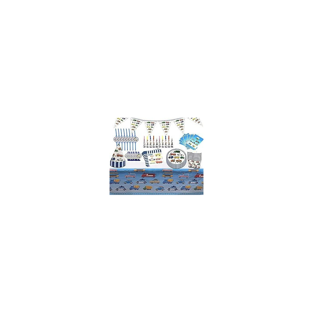 Brain Giggles Vehicle Themed Disposable Tableware Set, 136 Piece Birthday Tableware Pack With Plates, Cups, Napkins, Cutlery, Tablecloth, Ideal For Birthday Party Decoration For Kids