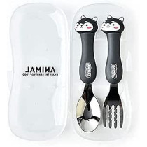 Brain Giggles Stainless Steel Kids Cutlery Set With Case, Round Edge Kids Utensils Bpa Free Handles Fork And Spoon Cutlery Set For Lunch Box, Grey