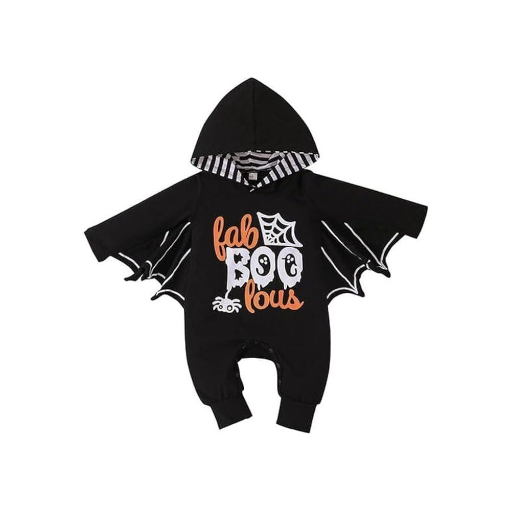 Brain Giggles First Halloween Bat Romper Jumpsuit For Toddlers, Hooded Onesie With Wings And Ears, Newborn Outfit For Baby Boys And Girls For 6 To 12 Months