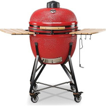 Kamado 25 Inch BONO Grande Limited Portable Ceramic Barbeque Grill With Side Tables, Lid And Wheels, Red