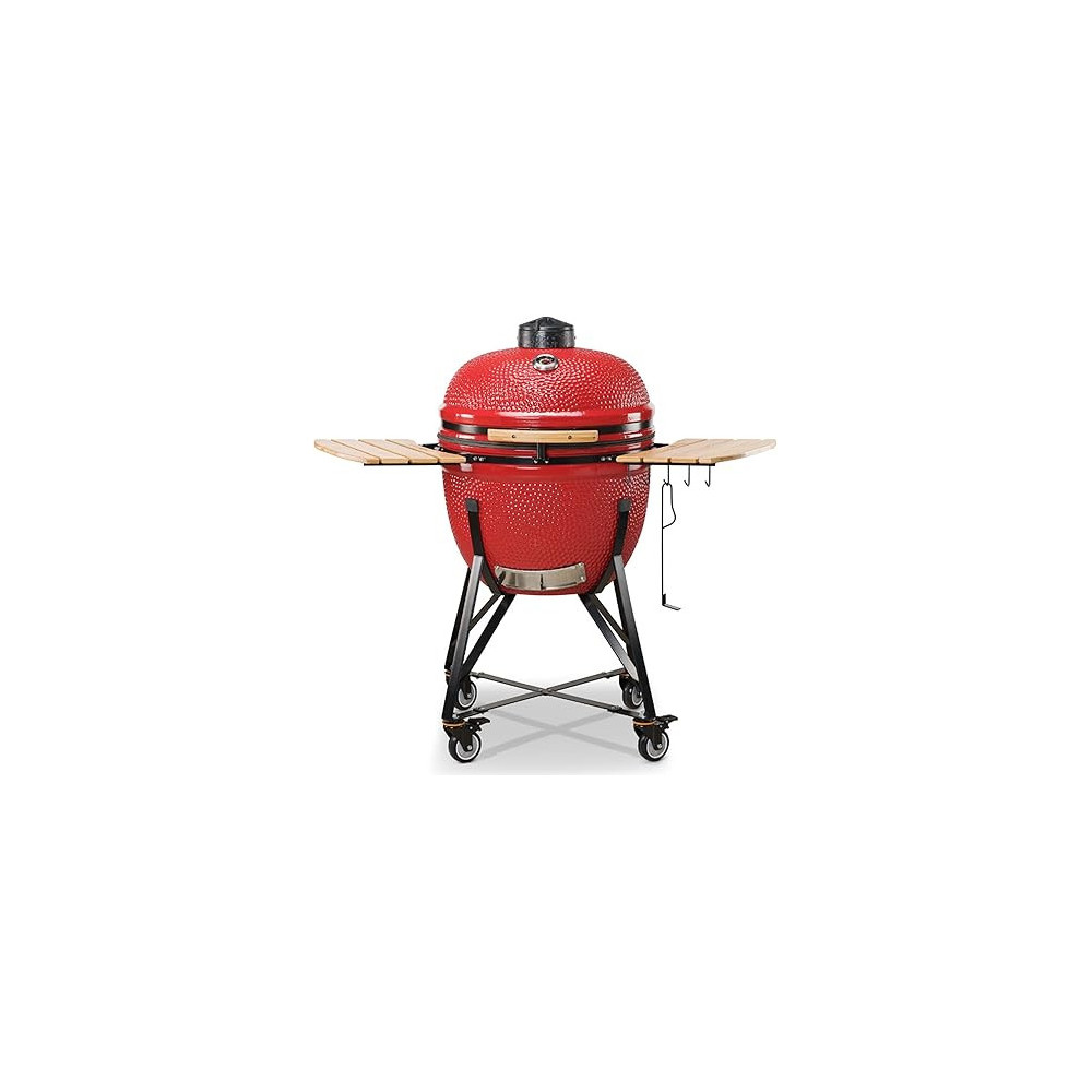 Kamado 25 Inch BONO Grande Limited Portable Ceramic Barbeque Grill With Side Tables, Lid And Wheels, Red