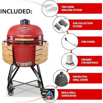 Kamado 25 Inch BONO Grande Limited Portable Ceramic Barbeque Grill With Side Tables, Lid And Wheels, Red