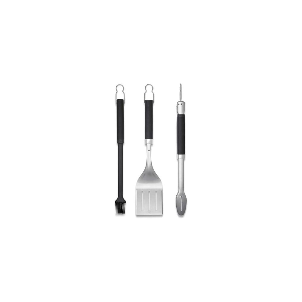 Weber Premium Stainless Steel BBQ Tools Set With Tong Spatula And Brush For Outdoor Cooking, Silver/Black