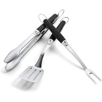 Weber BBQ Stainless Steel Tool Set Includes Spatula, Tong And Fork With Comfortable Handle, Black/Silver