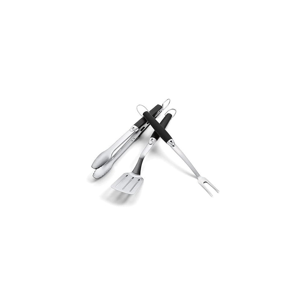 Weber BBQ Stainless Steel Tool Set Includes Spatula, Tong And Fork With Comfortable Handle, Black/Silver