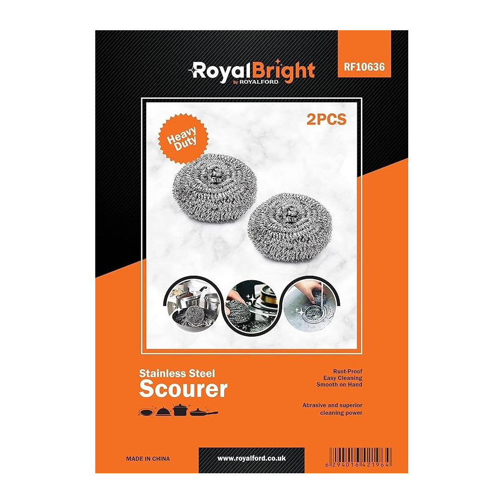 RoyalFord Royalbright Heavy Duty Scourer RF10636 Steel Wool Scrubber for Dishes, Pots and Pans For Kitchen and Bathroom, Silver