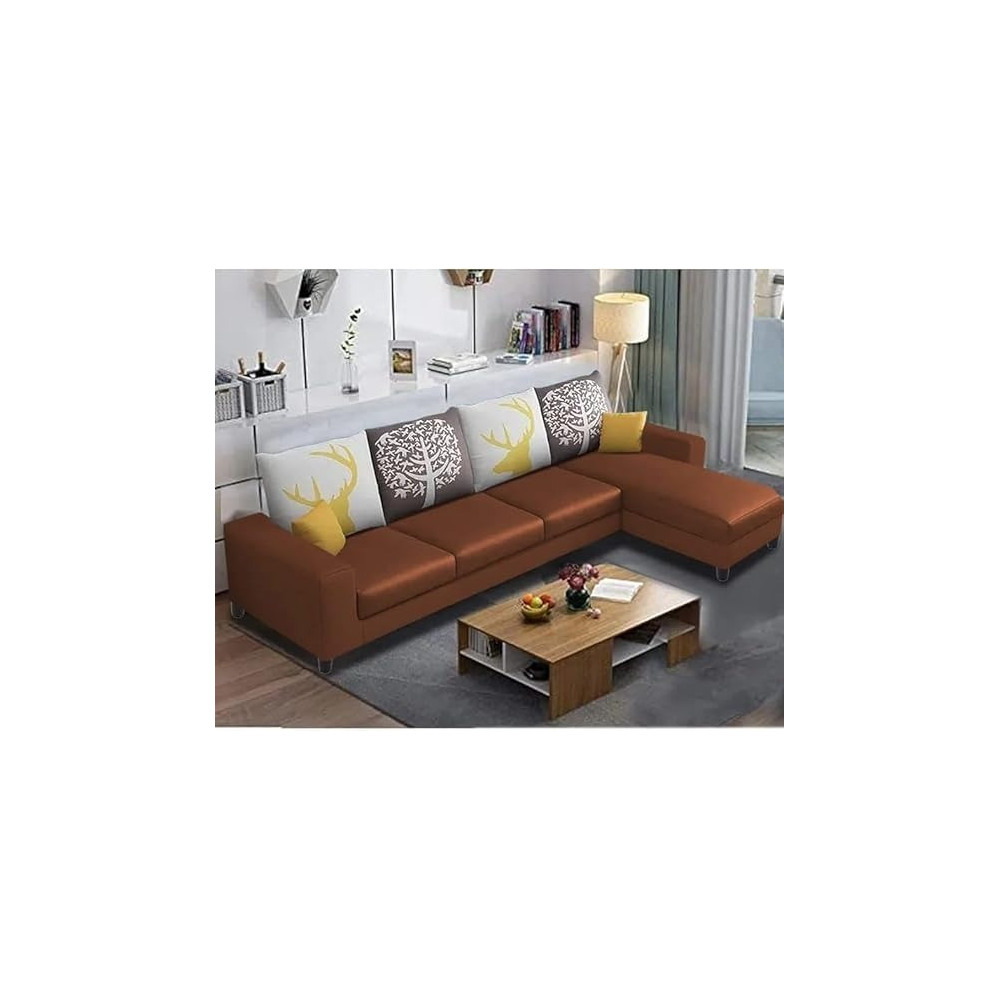 Raj Furniture 6 Seater RHS Leatherette Sofa For Living Room, Brown Fabric
