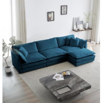 Ripple Furniture Luxury Velvet Sofa Couch With Chaise Lounge Chair, For Living Room, Bedroom, Family Room, Den, Guest Room, Office, Dining Room, Blue