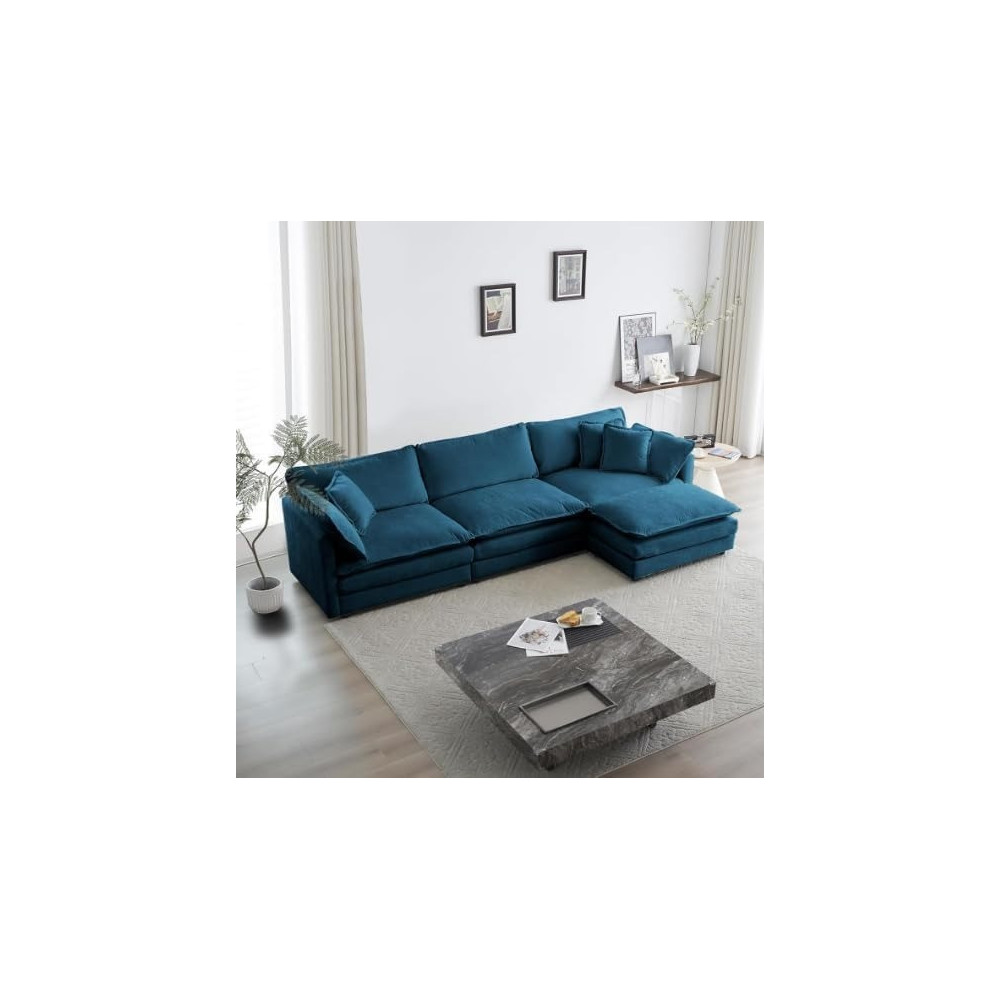 Ripple Furniture Luxury Velvet Sofa Couch With Chaise Lounge Chair, For Living Room, Bedroom, Family Room, Den, Guest Room, Office, Dining Room, Blue