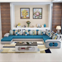 Ripple Furniture Silvester U Shape 9 Seater Modern Interchangeable Fabric Sofa Set with 4 Puffy, Right, Blue & White