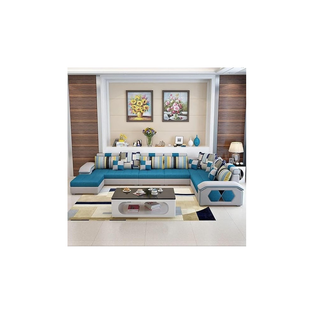 Ripple Furniture Silvester U Shape 9 Seater Modern Interchangeable Fabric Sofa Set with 4 Puffy, Right, Blue & White