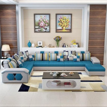 Ripple Furniture Silvester U Shape 9 Seater Modern Interchangeable Fabric Sofa Set with 4 Puffy, Right, Blue & White