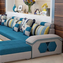 Ripple Furniture Silvester U Shape 9 Seater Modern Interchangeable Fabric Sofa Set with 4 Puffy, Right, Blue & White