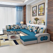 Ripple Furniture Silvester U Shape 9 Seater Modern Interchangeable Fabric Sofa Set with 4 Puffy, Right, Blue & White
