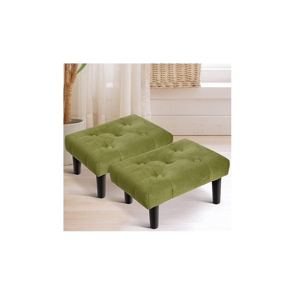 Raj Furniture Small Footstool Ottoman, Velvet Soft Footrest Ottoman with Wood Legs, Sofa Footrest Extra Seating For Living Room Entryway Office, Green