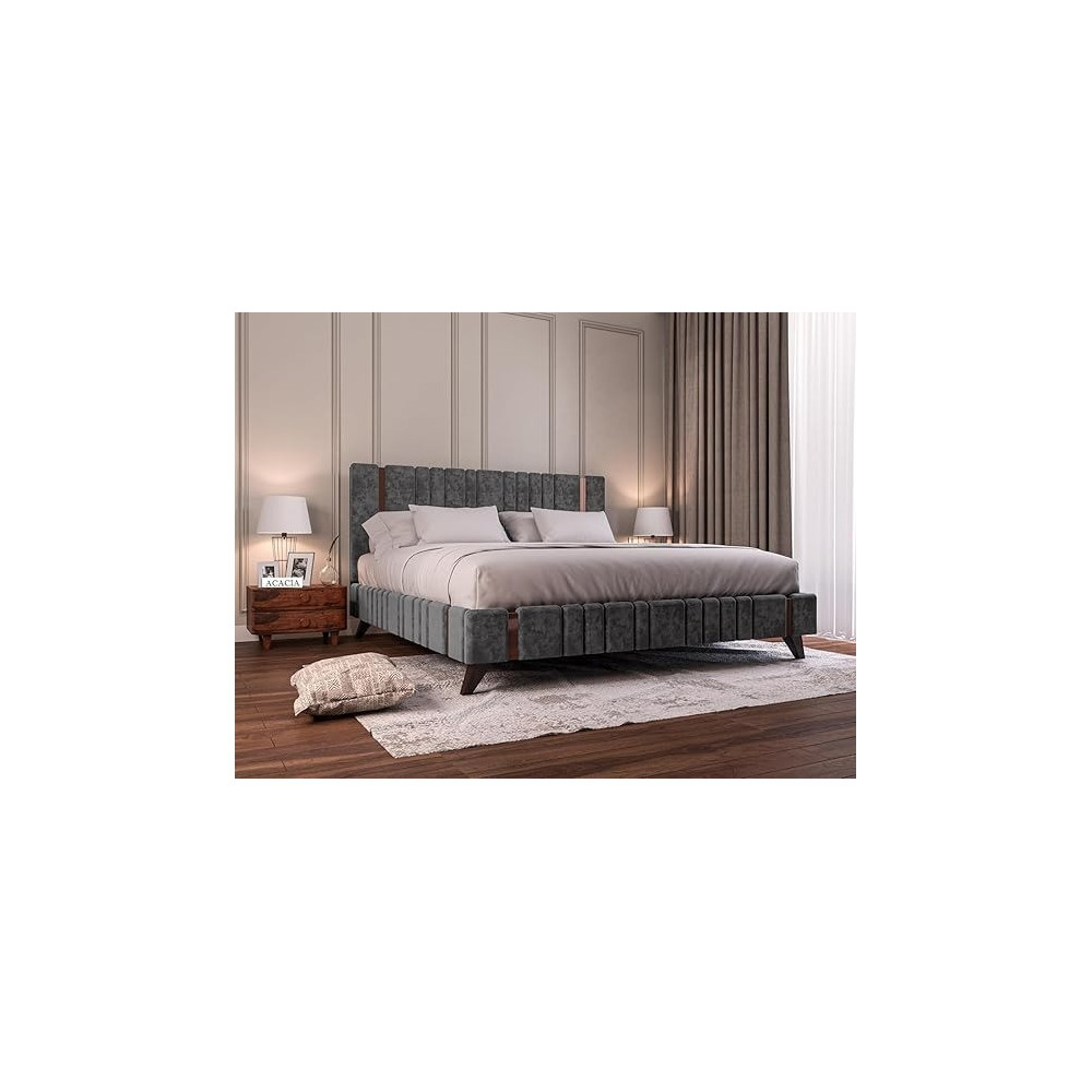 Ripple Furniture Modern Design Velvet Upholstered King Size Bed Frame With Headboard With Mattress, Grey