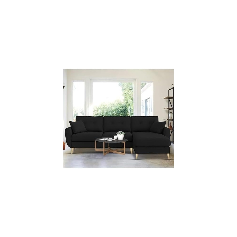Raj Furniture Royal Azure Elegance 4 Seater L-Shaped Living Room Sofa in Plush Velvet Fabric, RHS, Black Fabric