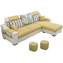 Raj Furniture L Shape Sofa 3 Seat Linen Living Room Sofa Set Home Furniture Modern Design Frame Soft Sponge Shape Home Furniture, Foot Ped + 2 Cloth Stool