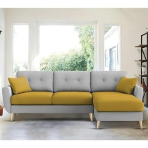 Raj Furniture Royal Azure Elegance 4 Seater L-Shaped Living Room Sofa in Plush Velvet Fabric, RHS, Yellow Grey Fabric