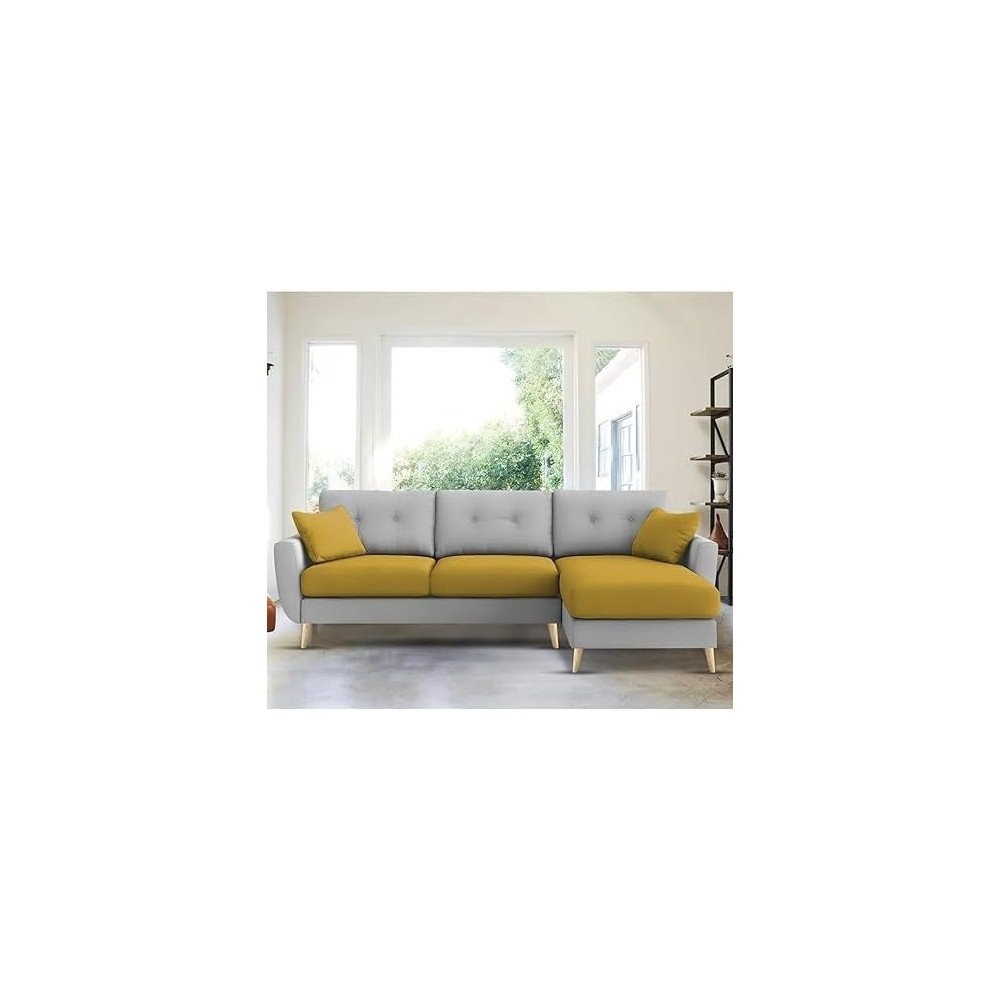 Raj Furniture Royal Azure Elegance 4 Seater L-Shaped Living Room Sofa in Plush Velvet Fabric, RHS, Yellow Grey Fabric