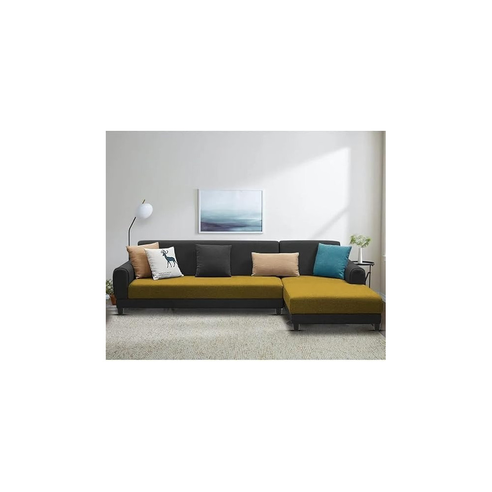 Raj Furniture 6 Seater RHS L Shape Sofa For Living Room, Yellow Black Fabric