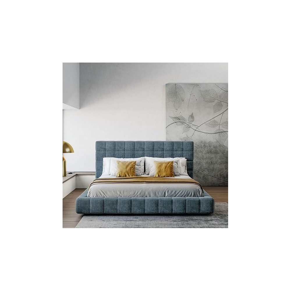 Raj Furniture Square Patterned Bed With High Headboard In Queen King Size 218 x 44 x 47 Cm, Blue FOS-FUAE-1437-1M