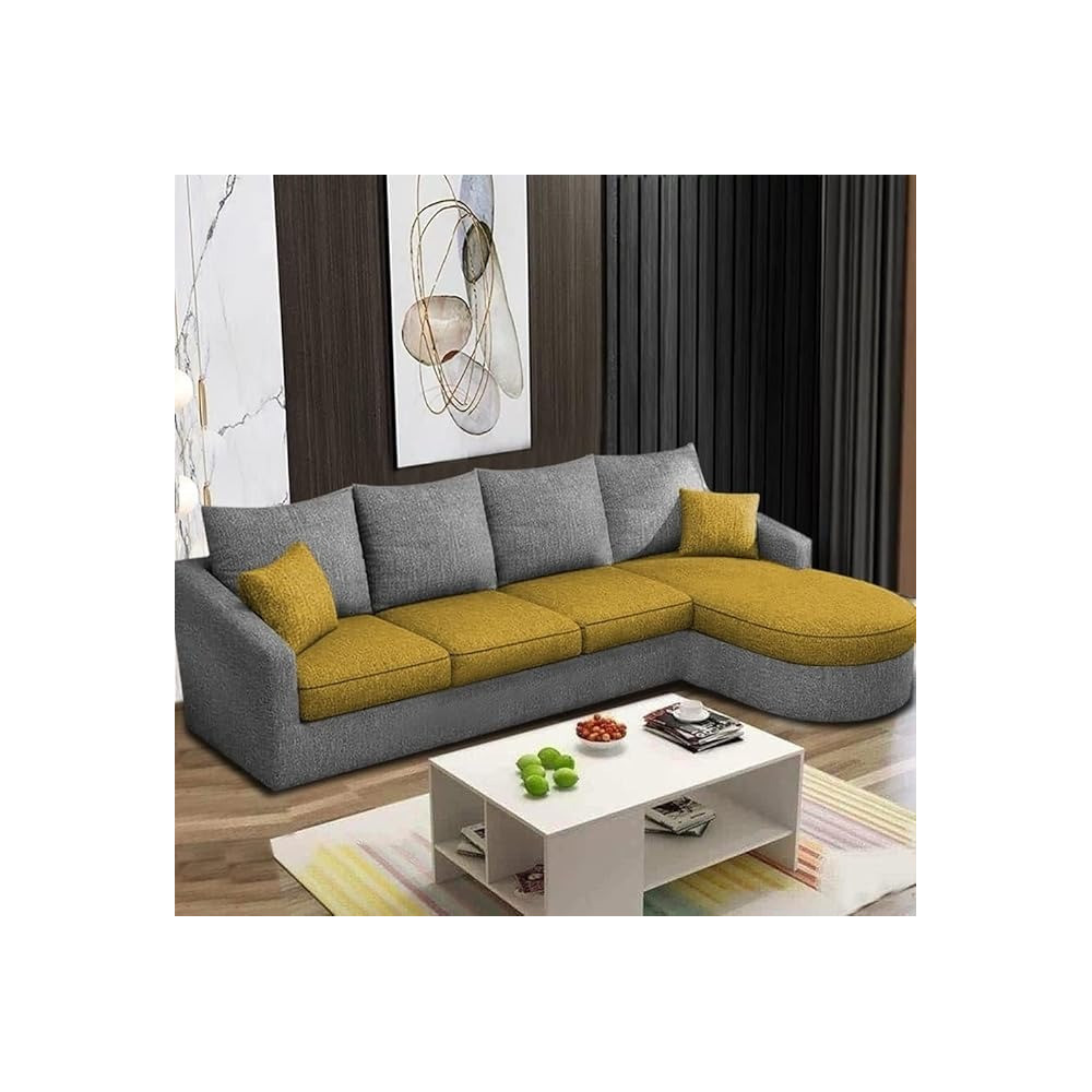 Raj Furniture Sumptuous Serenity The Round Lounger L-Shape 6 Seater Sofa Set For Your Living Room (Rhs), Yellow Grey