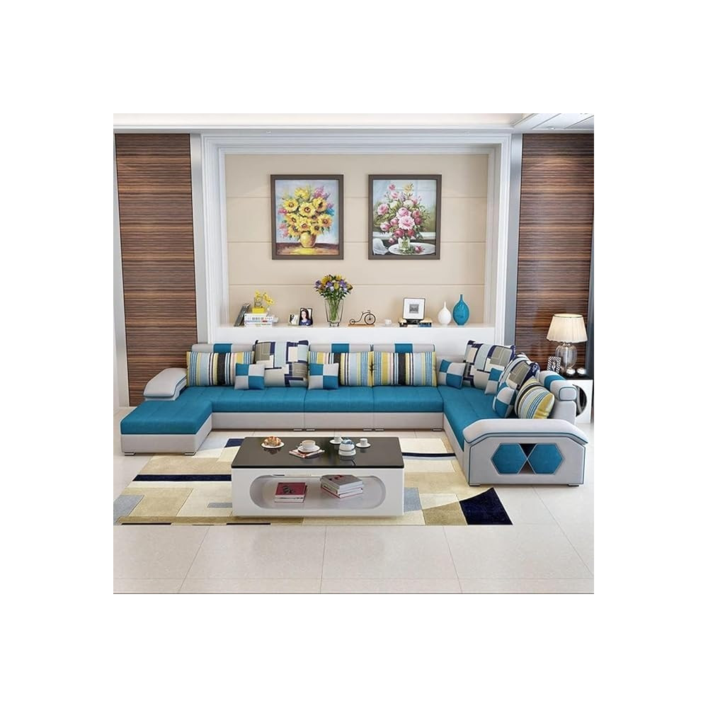 Ripple Furniture U Shape 9 Seater Modern Interchangeable Fabric Sofa Set With 4 Puffy (Left, Blue And White)