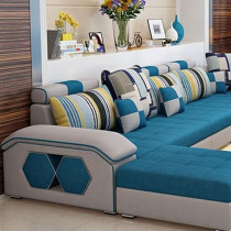 Ripple Furniture U Shape 9 Seater Modern Interchangeable Fabric Sofa Set With 4 Puffy (Left, Blue And White)