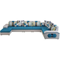 Ripple Furniture U Shape 9 Seater Modern Interchangeable Fabric Sofa Set With 4 Puffy (Left, Blue And White)