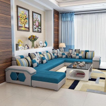 Ripple Furniture U Shape 9 Seater Modern Interchangeable Fabric Sofa Set With 4 Puffy (Left, Blue And White)