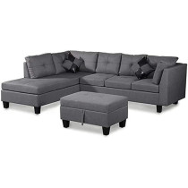 Raj Furniture 3 Piece Set Of Living Room Sofa Set, Modern Home Furniture L-Shaped Linen Fabric Living Room Corner Sofa, Grey