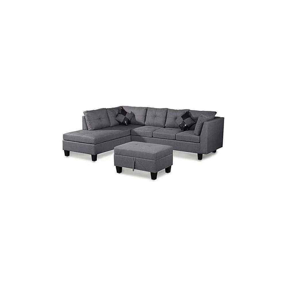 Raj Furniture 3 Piece Set Of Living Room Sofa Set, Modern Home Furniture L-Shaped Linen Fabric Living Room Corner Sofa, Grey