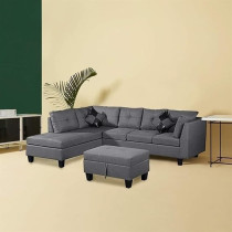 Raj Furniture 3 Piece Set Of Living Room Sofa Set, Modern Home Furniture L-Shaped Linen Fabric Living Room Corner Sofa, Grey