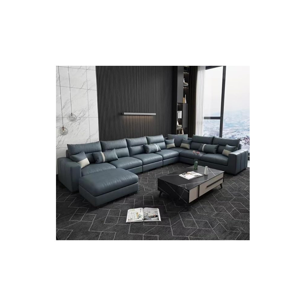 Ripple Furniture Luxury Living Room Sofa Set With Chaise Lounge Chair And Ottoman, Pu Leather Sectional Couches, Blue