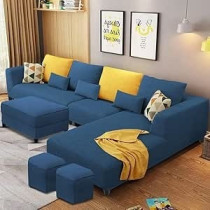 Raj Furniture 8 Seater L Shape Sofa Set With Ottoman And 2 Puffy For Living Room, Blue Fabric