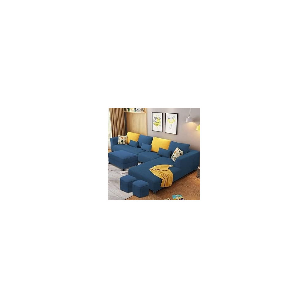 Raj Furniture 8 Seater L Shape Sofa Set With Ottoman And 2 Puffy For Living Room, Blue Fabric