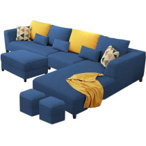 Raj Furniture 8 Seater L Shape Sofa Set With Ottoman And 2 Puffy For Living Room, Blue Fabric