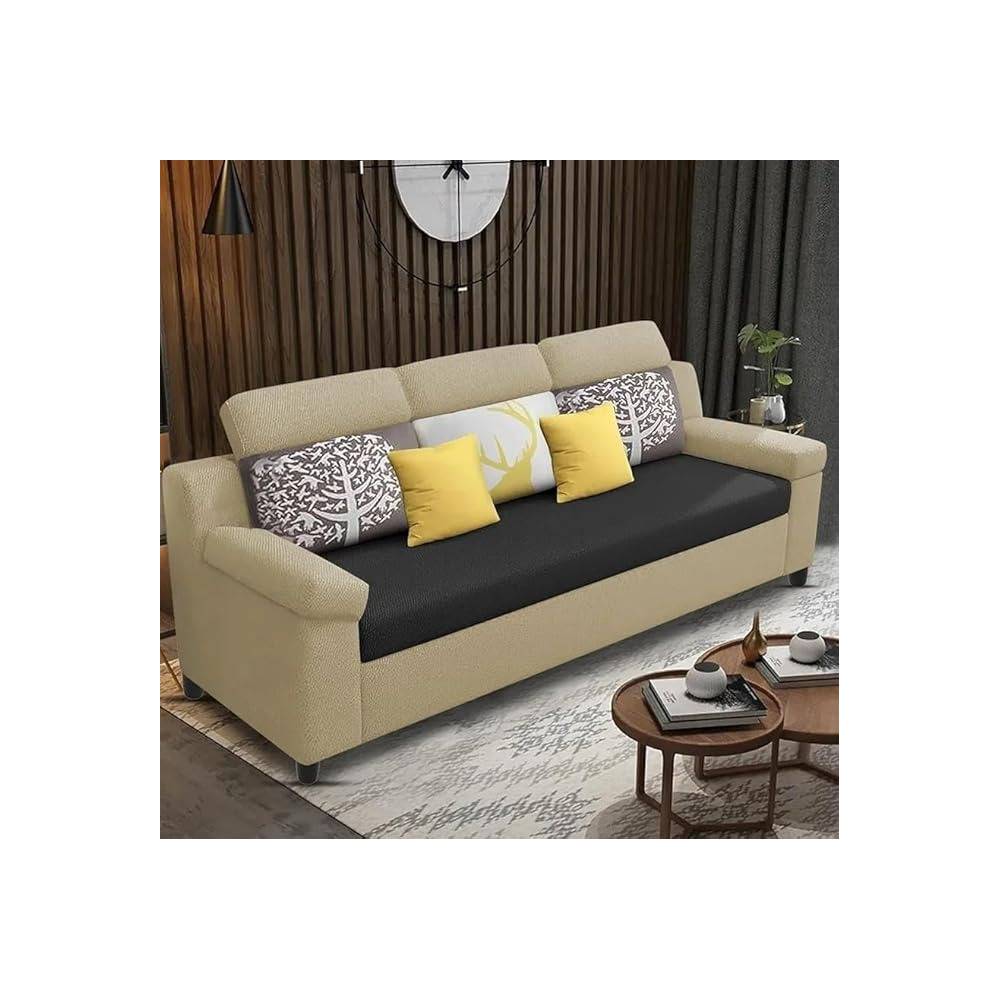 Raj Furniture Luxury 3 Seater Sofa For Living Room In Premium Fabric, Cream Black