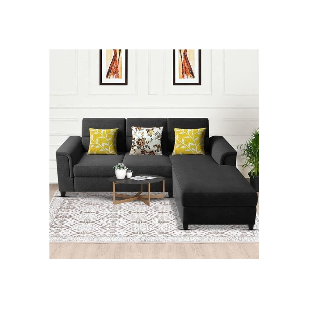 Raj Furniture Elegant 4 Seater L Shape Sofa Set For Living Room, Black